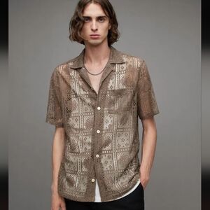 AllSaints Llonga Crochet Lace Floral Shirt Brown Relaxed Fit Men’s XXL